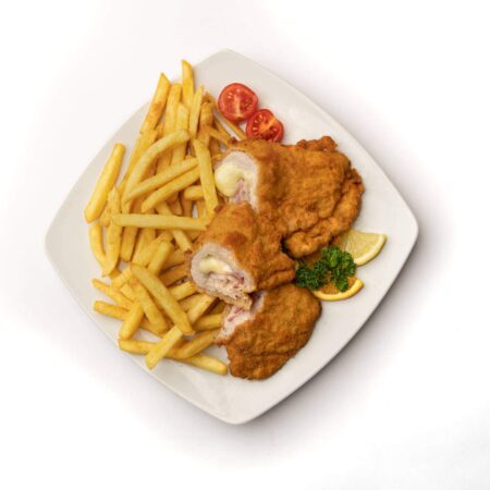 Sajttal-sonkávaltöltött karaj + hasábburgonya+ sav. (1,3,7)